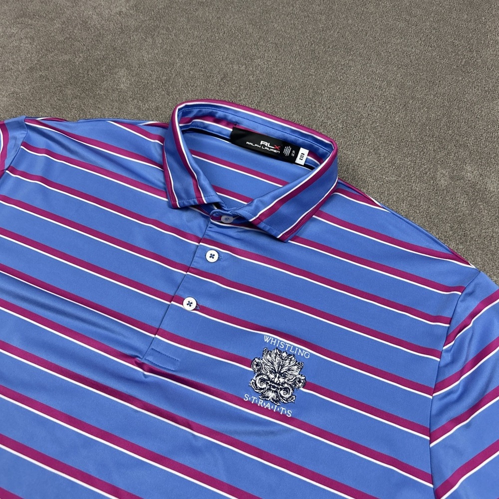 RLX Ralph Lauren Golf Polo Mens XL Blue Pink Whistling Straits Wisconsin Logo
